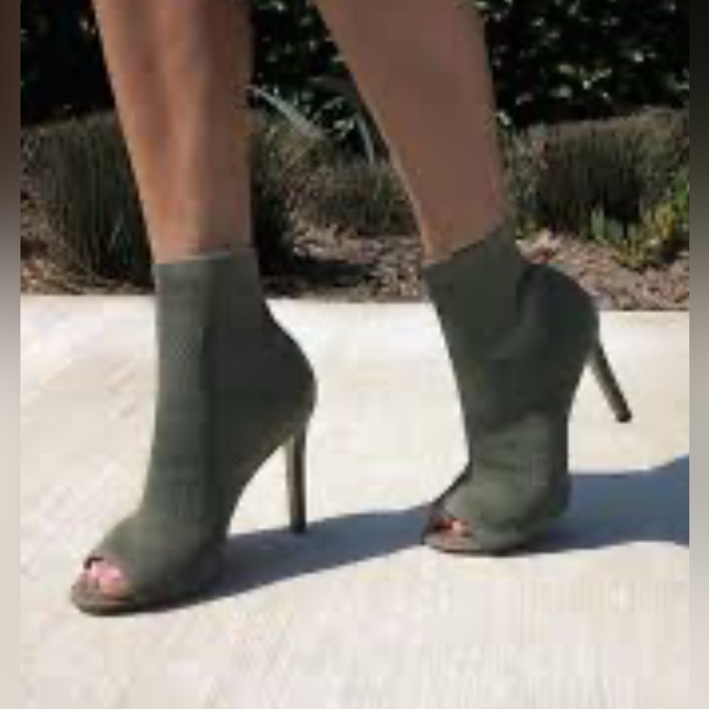New, Army Green Elnora- Knitted Peep Toe Stiletto Sock Bootie